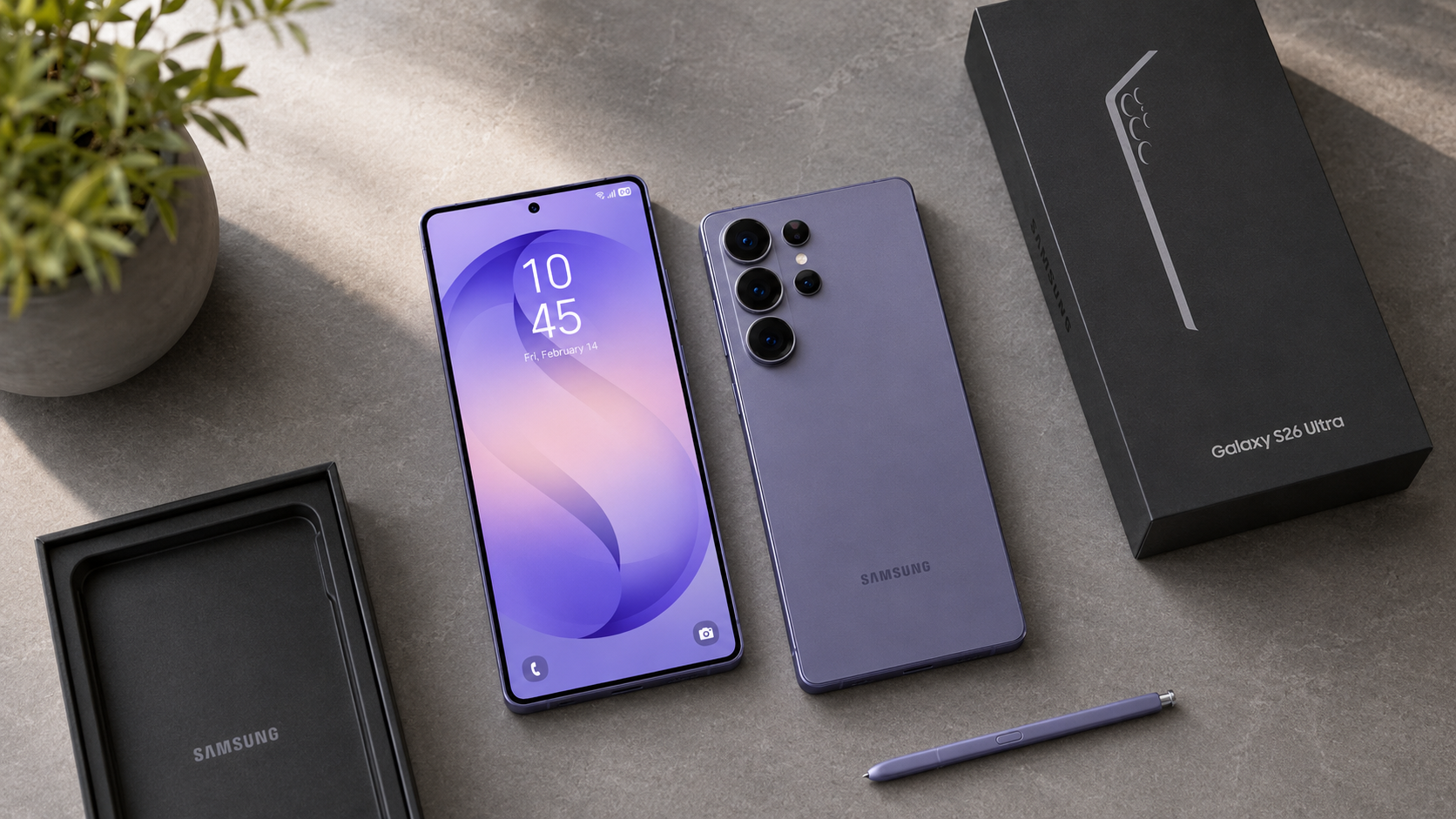 Samsung Galaxy S26 Ultra 5G é bom: smartphones violetas deitados sobre mesa moderna, com tela grande, câmera quádrupla, caixas do produto e S Pen em destaque.