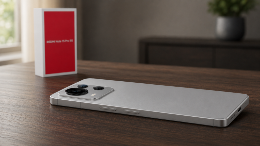 Xiaomi Redmi Note 15 Pro 5G Titanium ao lado da caixa oficial do produto