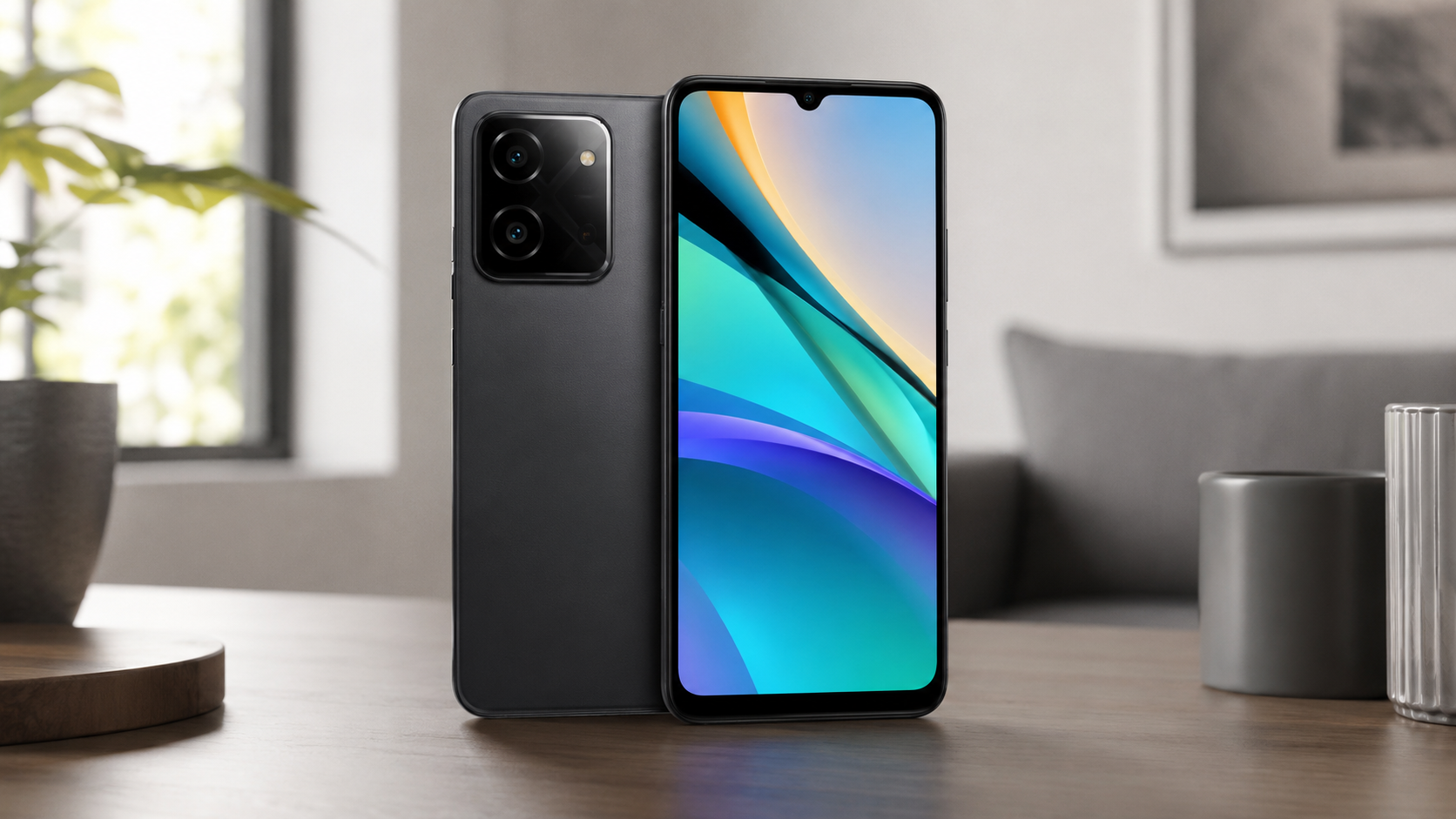 Xiaomi Poco C85 é bom: smartphone preto em fotografia ultra-realista sobre mesa, com tela grande acesa, traseira com módulo de câmera em destaque e ambiente simples de uso diário.