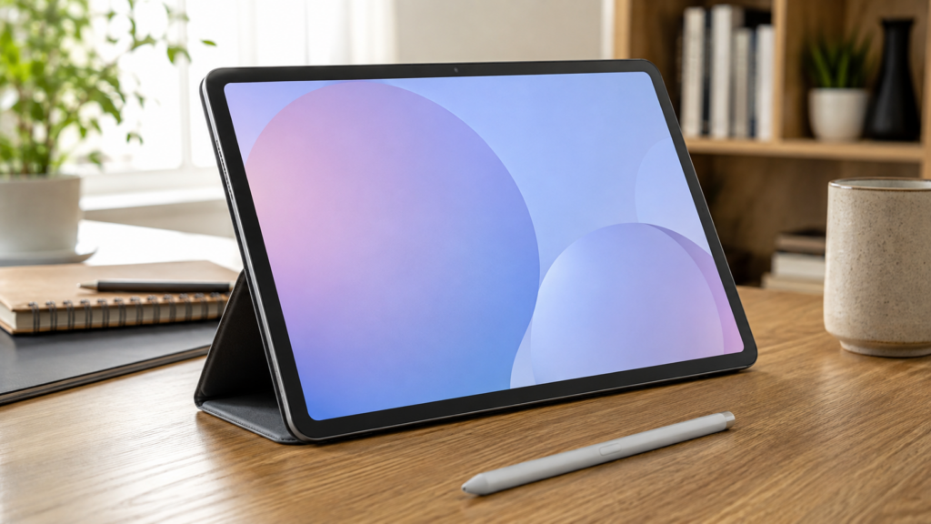 Galaxy Tab S10 FE é bom? Tablet com S Pen e capa sobre mesa de trabalho em ambiente de estudo.