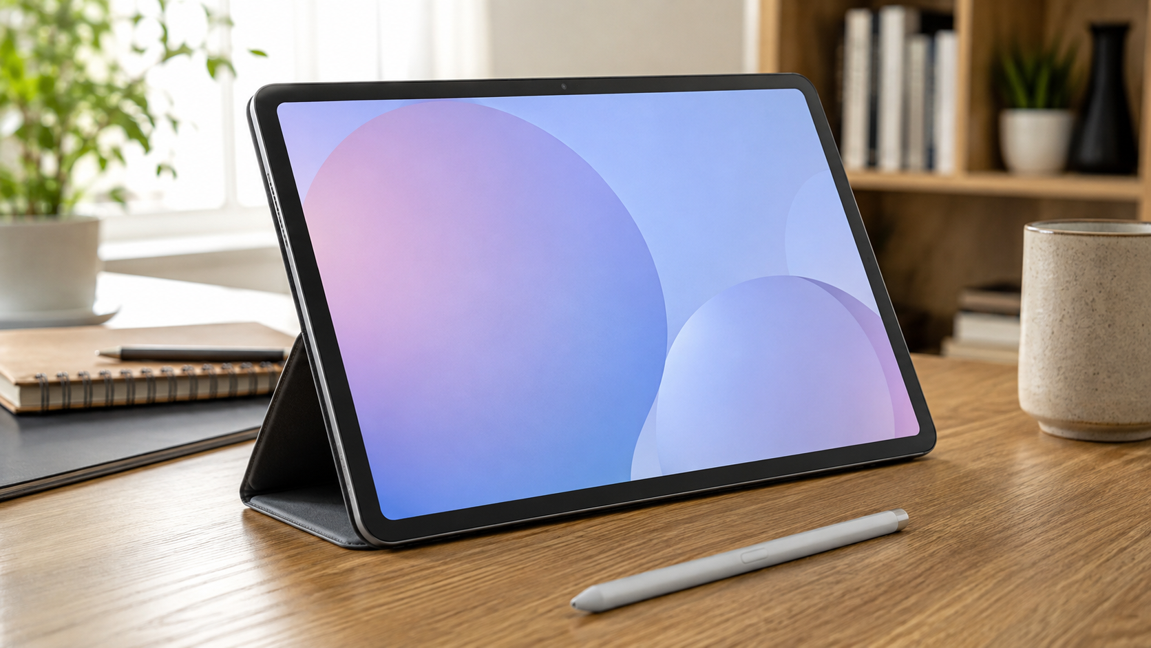 Galaxy Tab S10 FE é bom? Tablet com S Pen e capa sobre mesa de trabalho em ambiente de estudo.