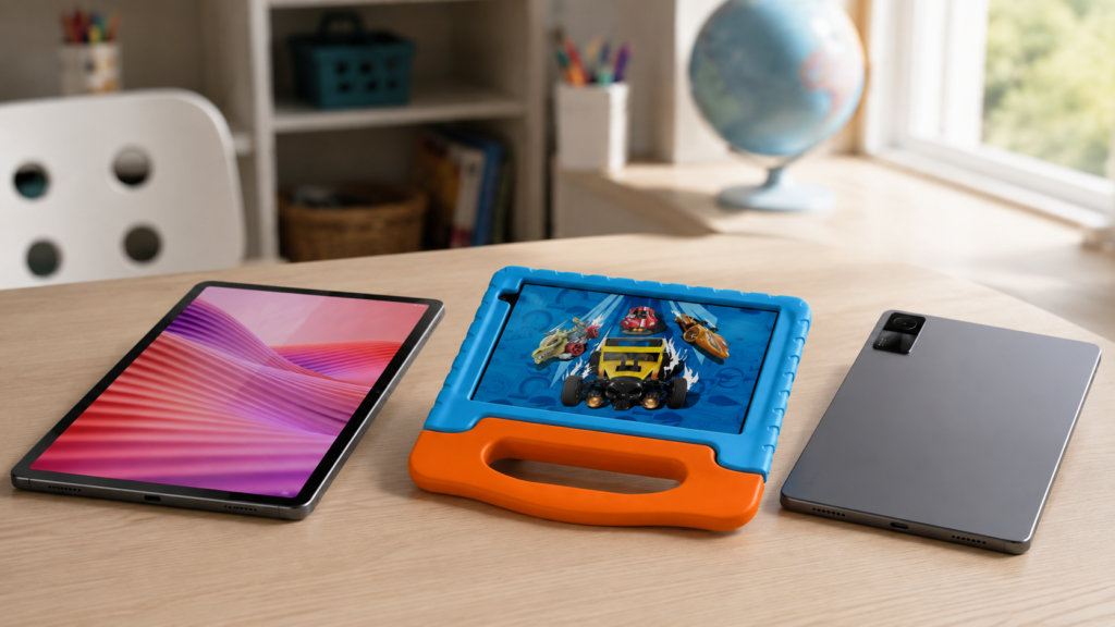 Melhor tablet infantil com Lenovo Tab 10.1, Multi Hot Wheels 8 e Redmi Pad SE 8.7 em mesa de estudos.
