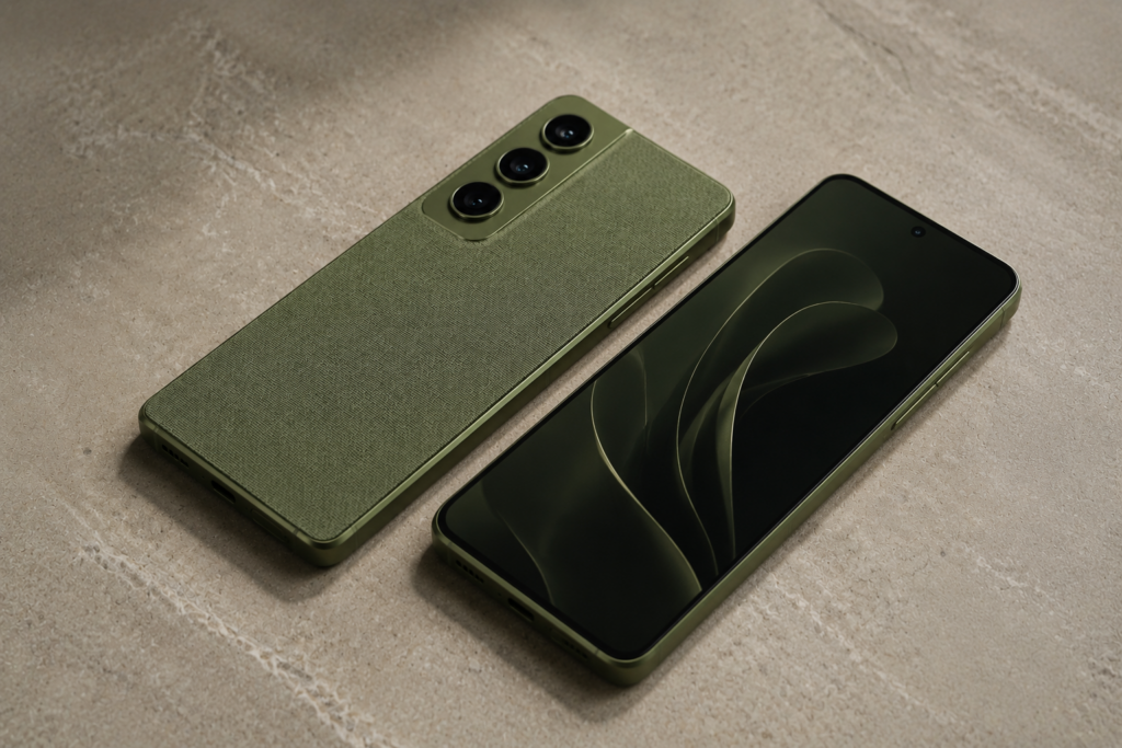 Celular Motorola Signature 5G verde oliva, com um aparelho mostrando as câmeras traseiras e outro com a tela para cima.