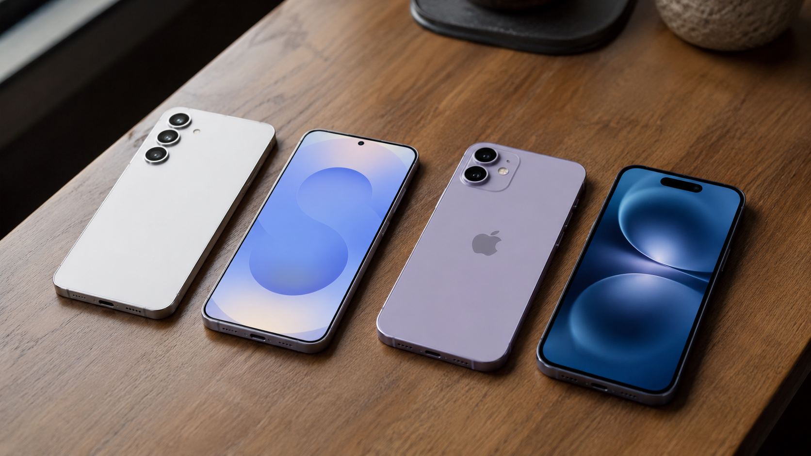 Galaxy S25 vs iPhone 16 com os dois modelos exibidos de frente e de costas sobre uma mesa.