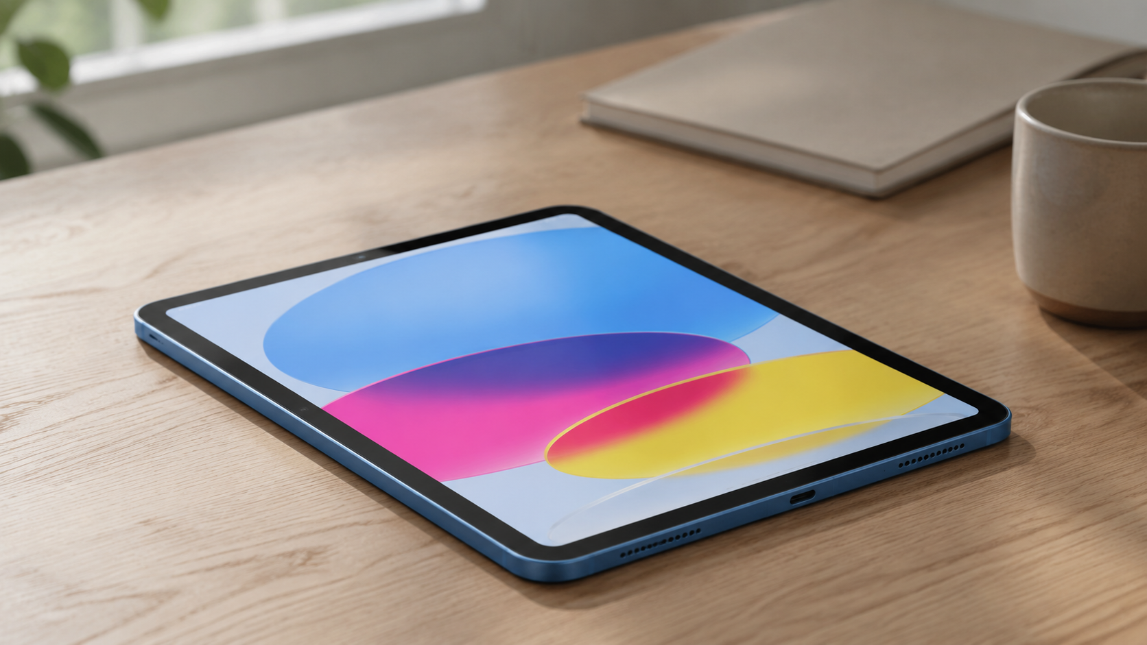 iPad 11 polegadas A16 é bom? Tablet azul com tela ligada sobre mesa de madeira em ambiente de estudo.