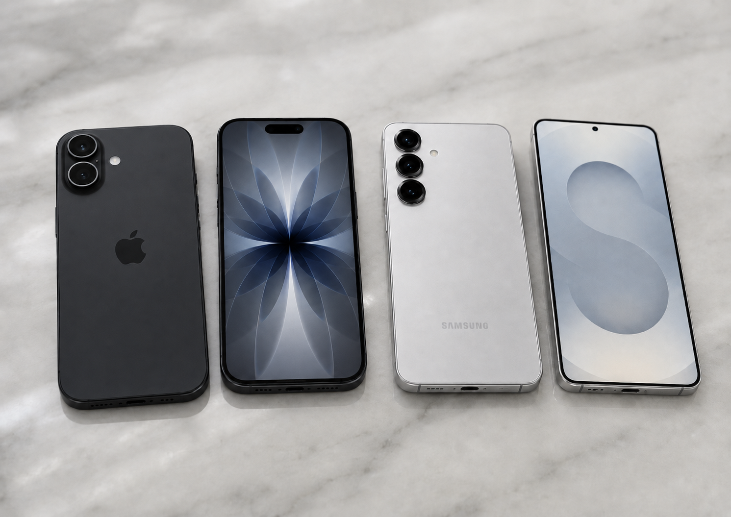 iPhone 17 vs Galaxy S25 com iPhone 17 preto e Galaxy S25 prata lado a lado