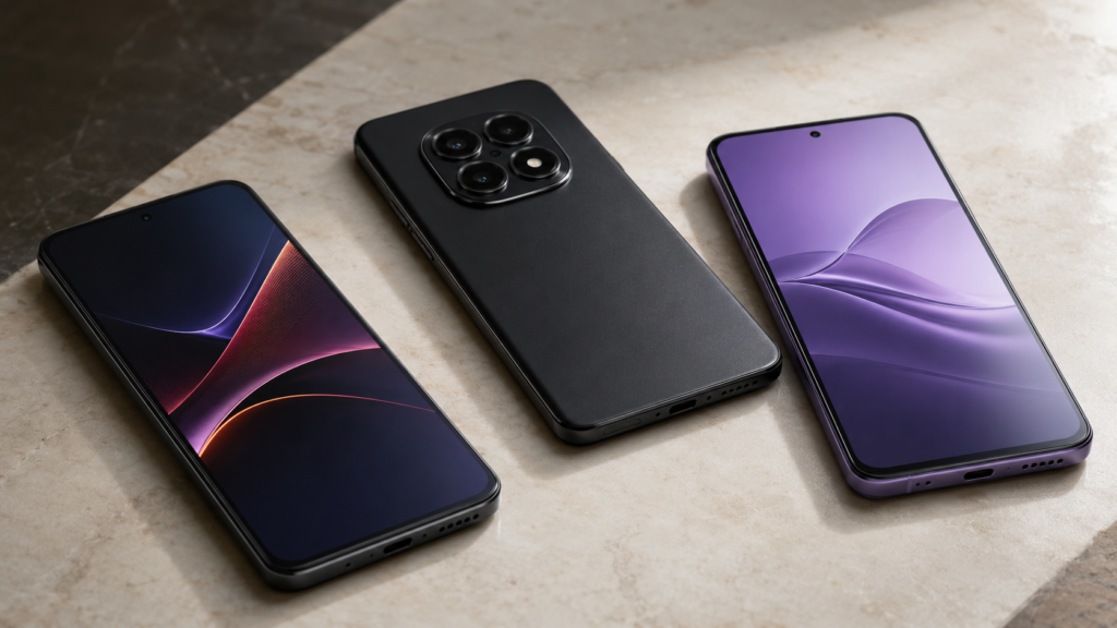 Melhor celular Xiaomi de 2026 com POCO X7 Pro, Redmi Note 15 Pro e Redmi Note 15 4G sobre uma mesa