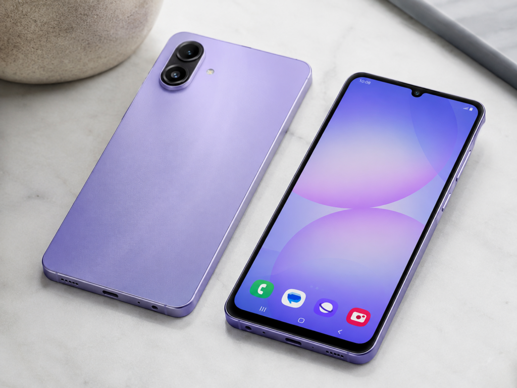 Samsung Galaxy A07 violeta de 256GB exibido de frente e de costas sobre uma superfície clara.