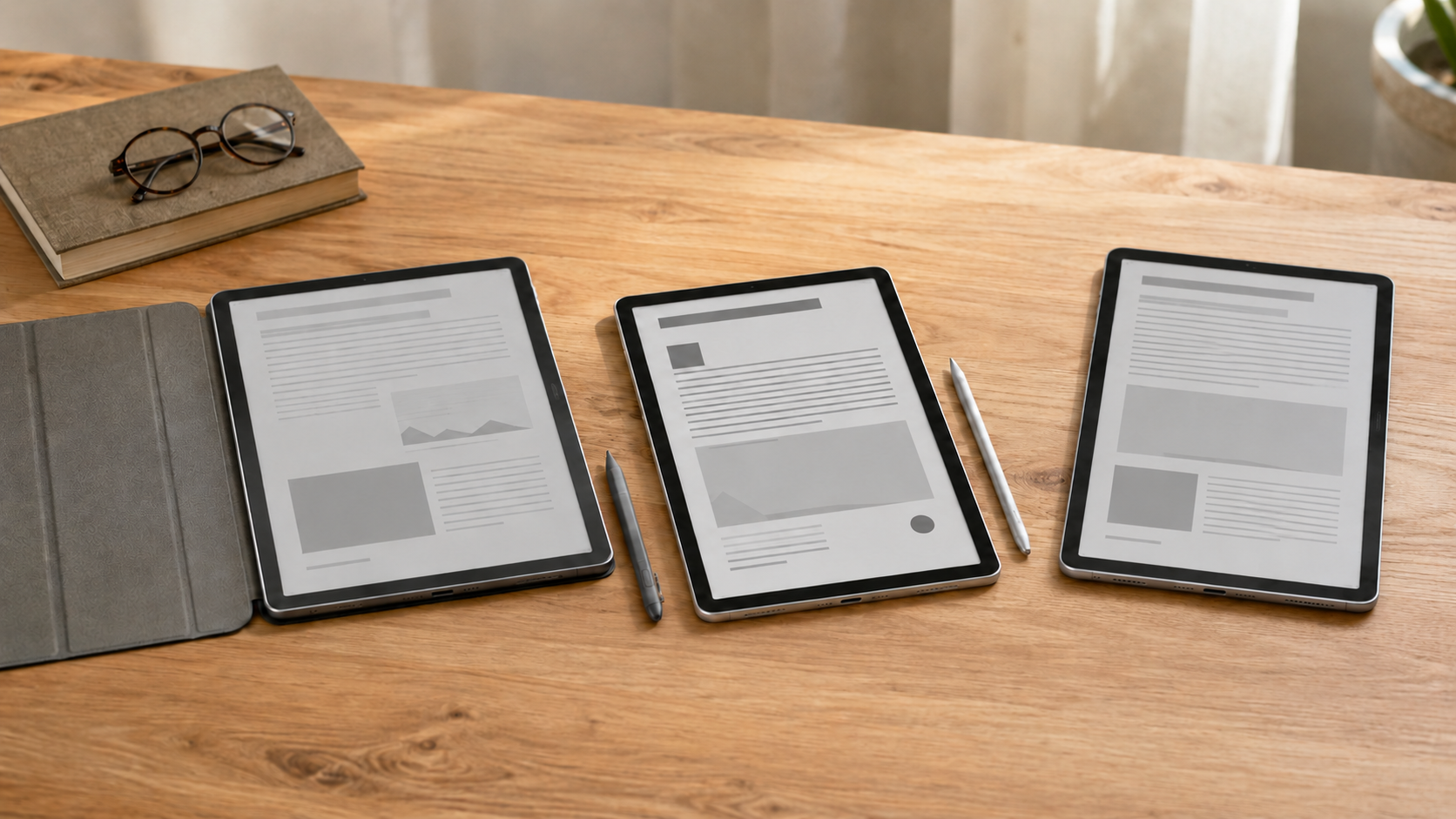 Melhor tablet para leitura com Lenovo Idea Tab, Galaxy Tab S10 FE e Redmi Pad 2 deitados sobre mesa com as telas para cima